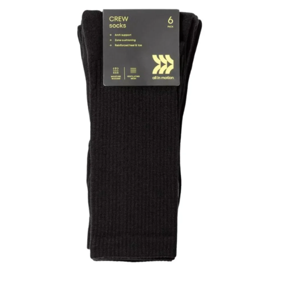 All in Motion Men’s Active Crew Socks 6 Pack Black Size 6–12 Running Walking Gym
